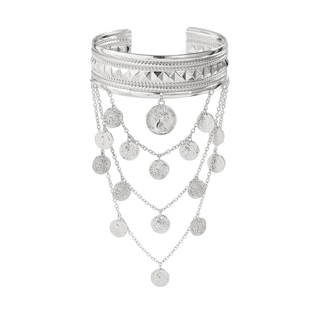 Bracelet de Bras Métallique à Pampilles pour Femme – Manchette Ajustable Ouverte Style Rétro Vintage