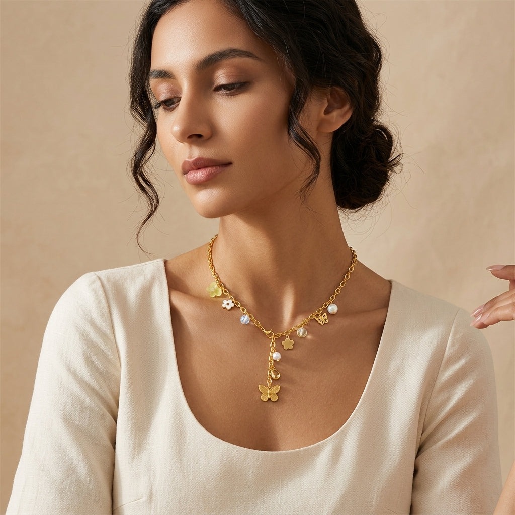 Collier Papillon & Fleur | Zircon Goutte Jaune & Pampilles – Avylo