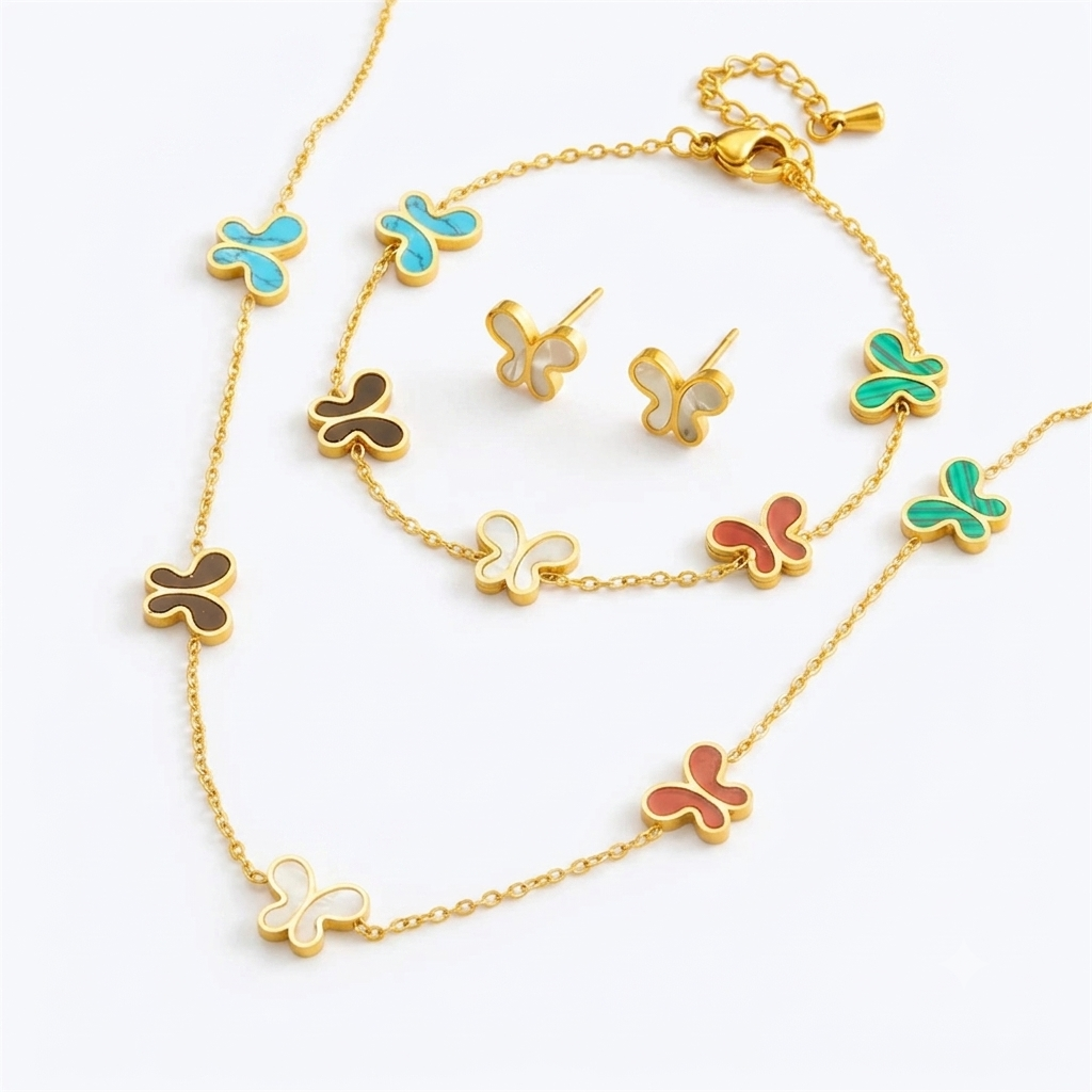 Parure de Bijoux Papillon en Acier Inoxydable 316L – Collier, Boucles d'Oreilles et Bracelet Coquillage Blanc
