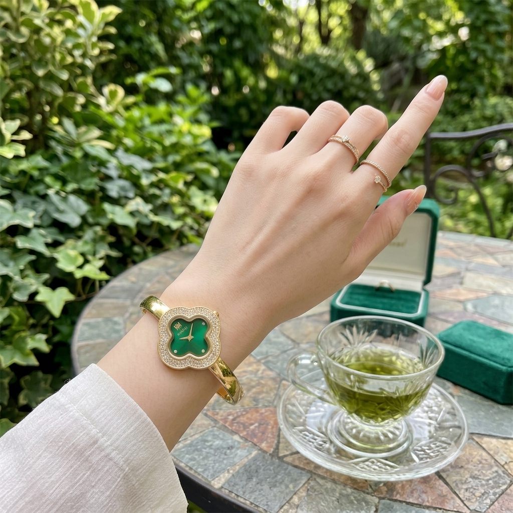 Montre Bracelet Femme Vintage – Motif Trèfle à Quatre Feuilles Élégant