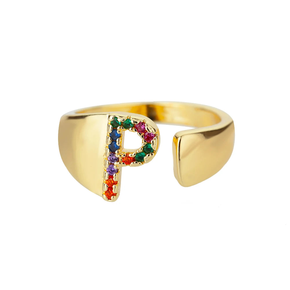 Rainbow Zircon Letter Rings For Women Fashion Chunky Wide Letter A-Z Stainless Steel Ring Wedding Boho Jewelry Gift