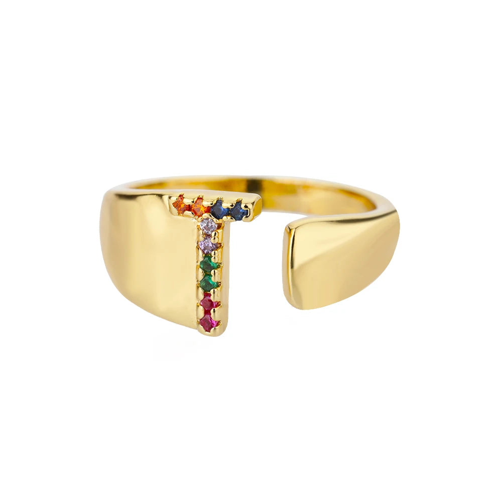 Rainbow Zircon Letter Rings For Women Fashion Chunky Wide Letter A-Z Stainless Steel Ring Wedding Boho Jewelry Gift