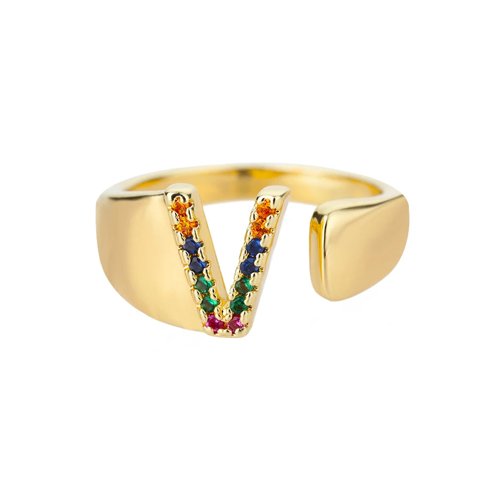 Rainbow Zircon Letter Rings For Women Fashion Chunky Wide Letter A-Z Stainless Steel Ring Wedding Boho Jewelry Gift