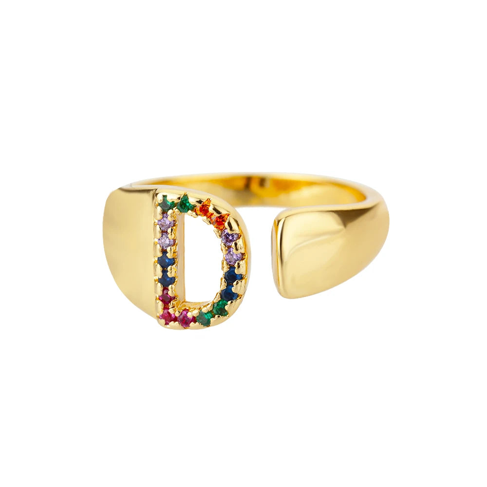 Rainbow Zircon Letter Rings For Women Fashion Chunky Wide Letter A-Z Stainless Steel Ring Wedding Boho Jewelry Gift
