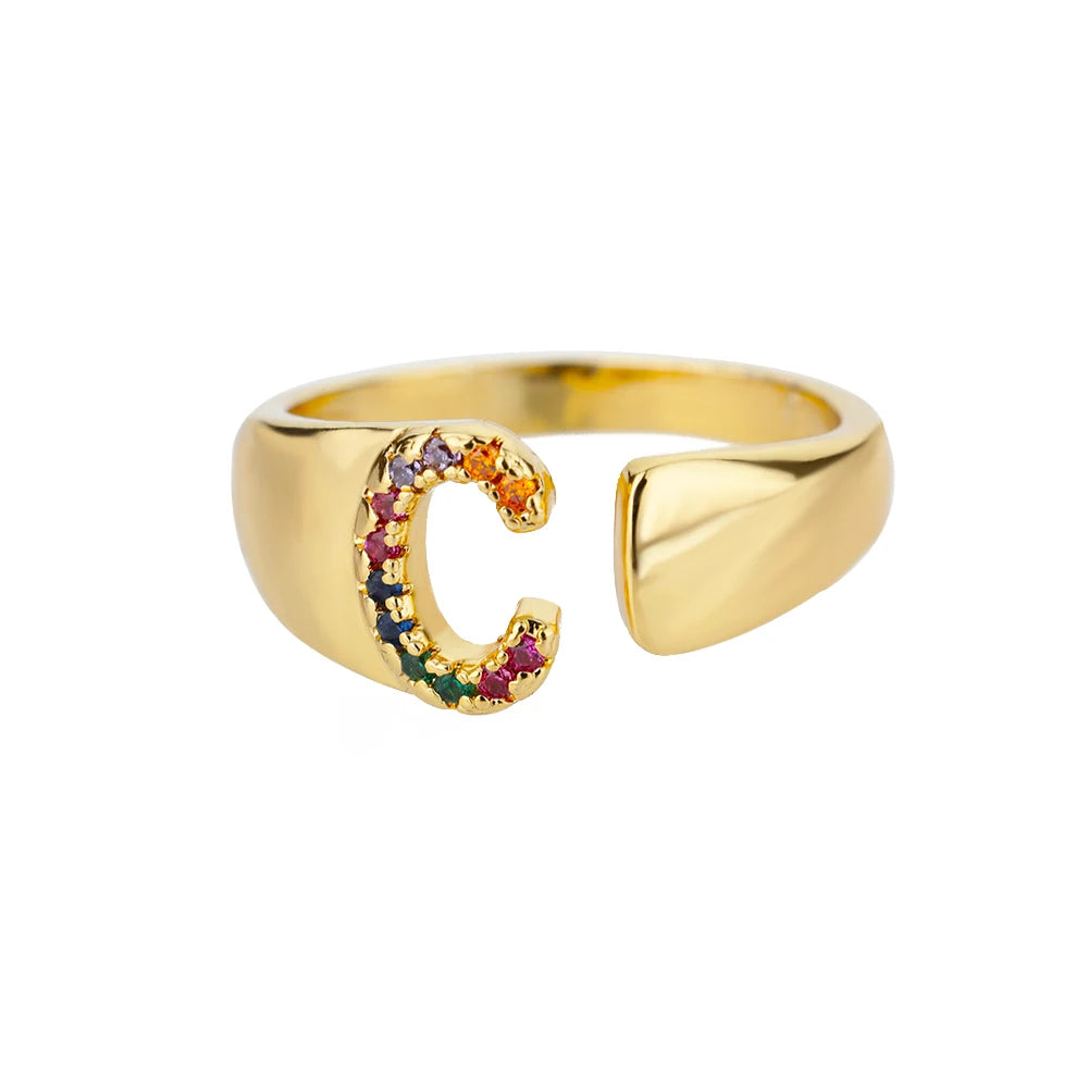 Rainbow Zircon Letter Rings For Women Fashion Chunky Wide Letter A-Z Stainless Steel Ring Wedding Boho Jewelry Gift