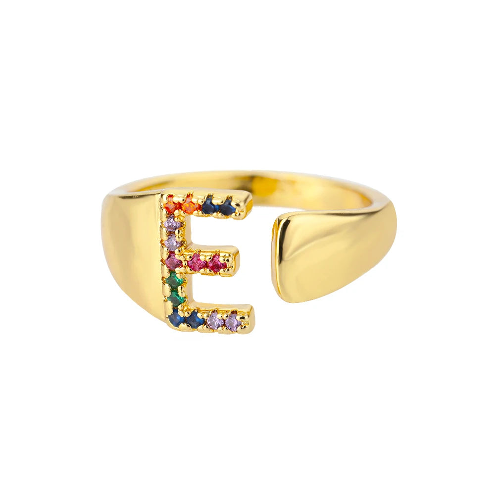 Rainbow Zircon Letter Rings For Women Fashion Chunky Wide Letter A-Z Stainless Steel Ring Wedding Boho Jewelry Gift