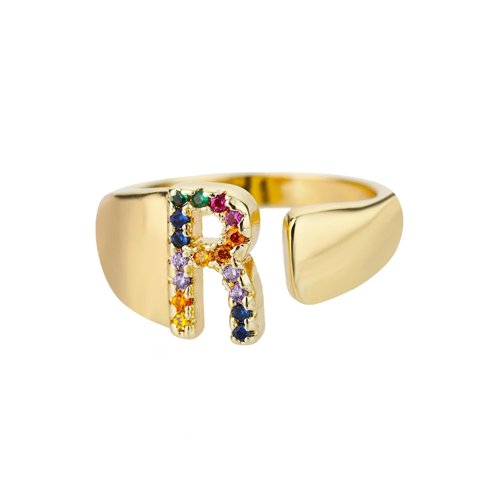 Rainbow Zircon Letter Rings For Women Fashion Chunky Wide Letter A-Z Stainless Steel Ring Wedding Boho Jewelry Gift