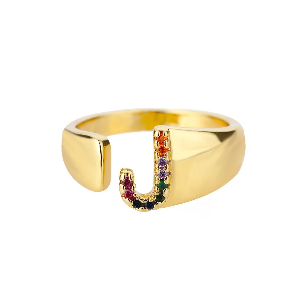 Rainbow Zircon Letter Rings For Women Fashion Chunky Wide Letter A-Z Stainless Steel Ring Wedding Boho Jewelry Gift