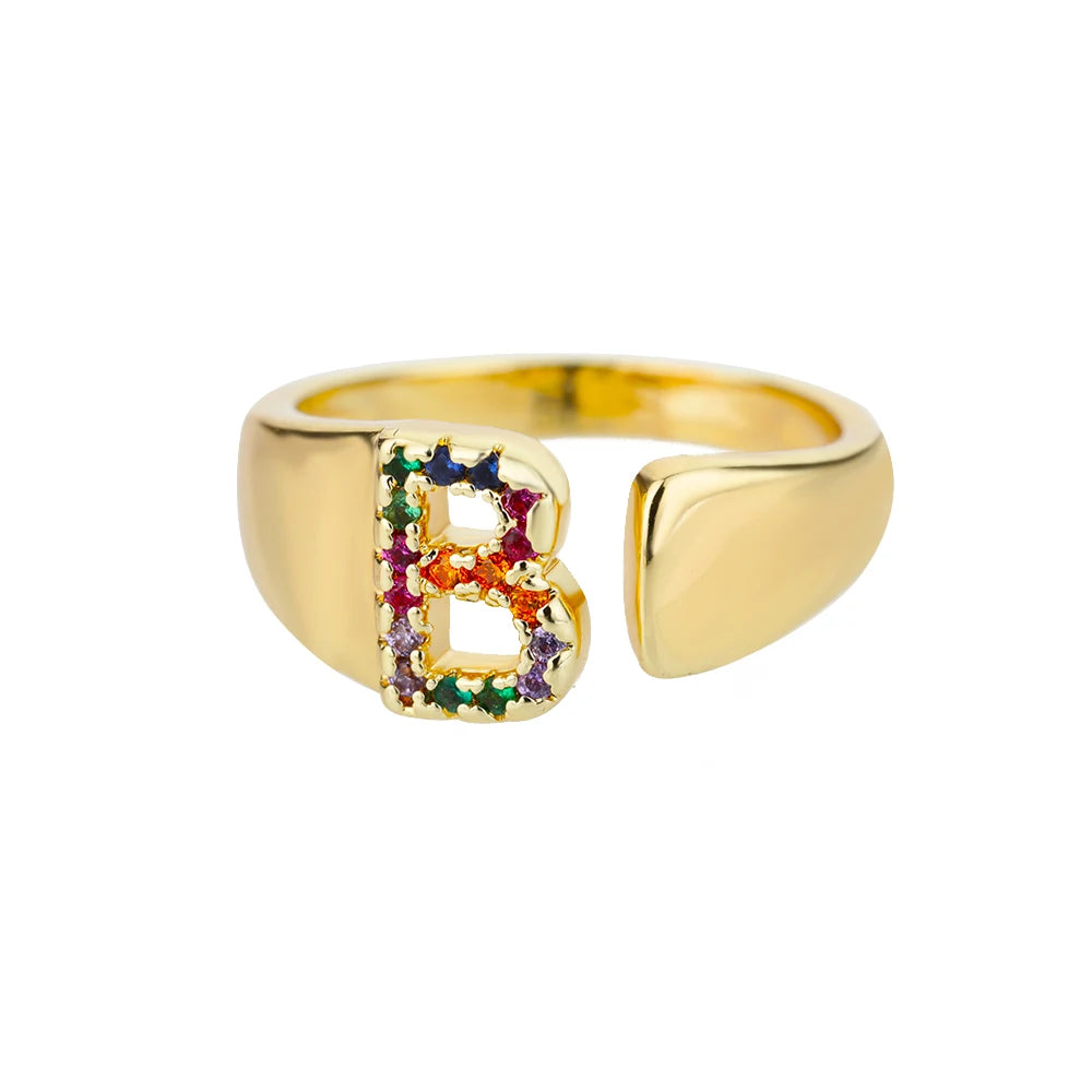 Rainbow Zircon Letter Rings For Women Fashion Chunky Wide Letter A-Z Stainless Steel Ring Wedding Boho Jewelry Gift