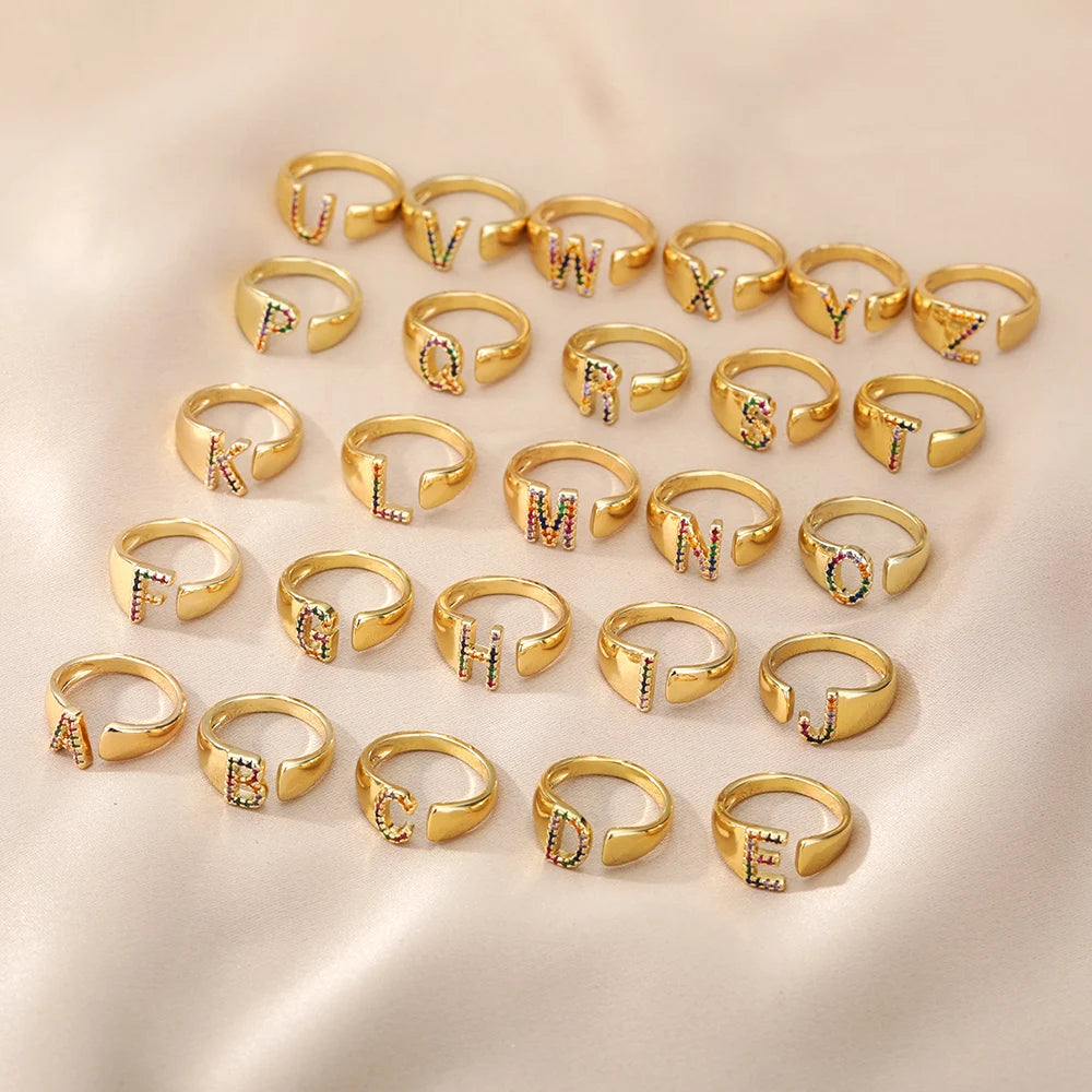 Rainbow Zircon Letter Rings For Women Fashion Chunky Wide Letter A-Z Stainless Steel Ring Wedding Boho Jewelry Gift