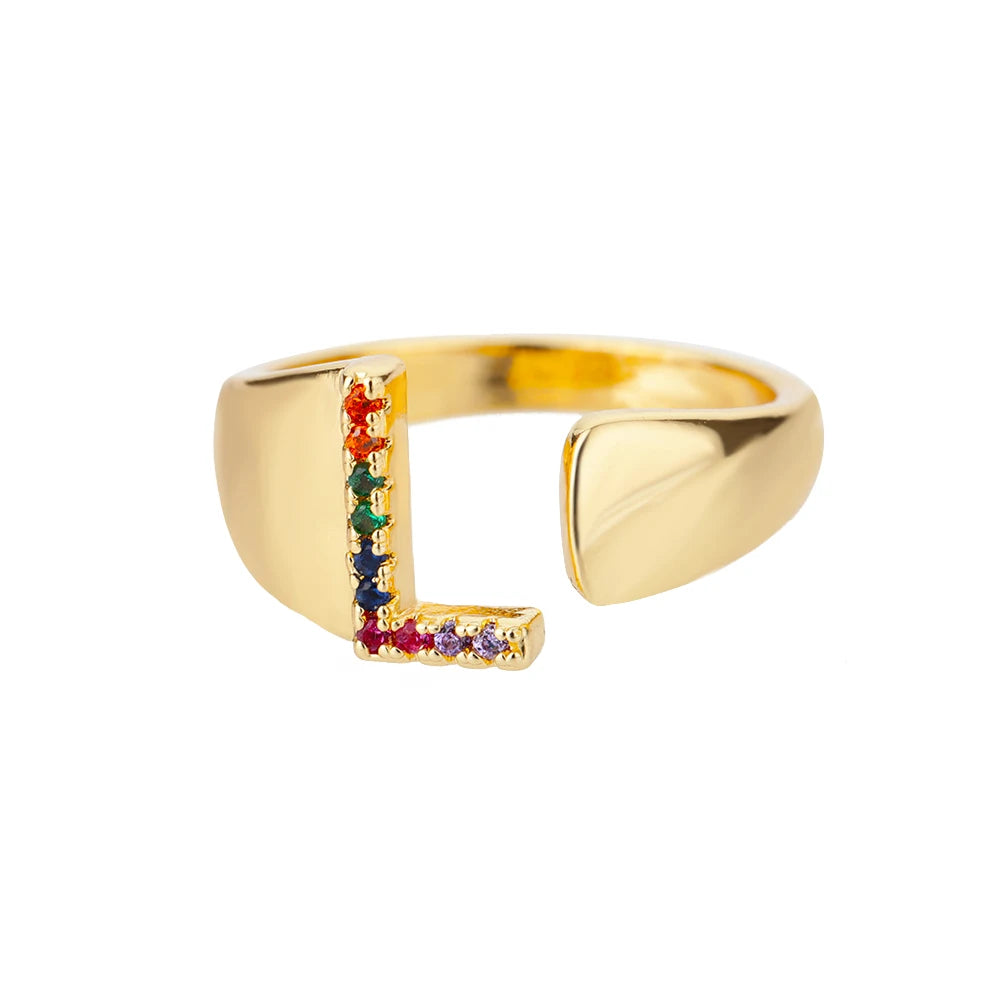 Rainbow Zircon Letter Rings For Women Fashion Chunky Wide Letter A-Z Stainless Steel Ring Wedding Boho Jewelry Gift