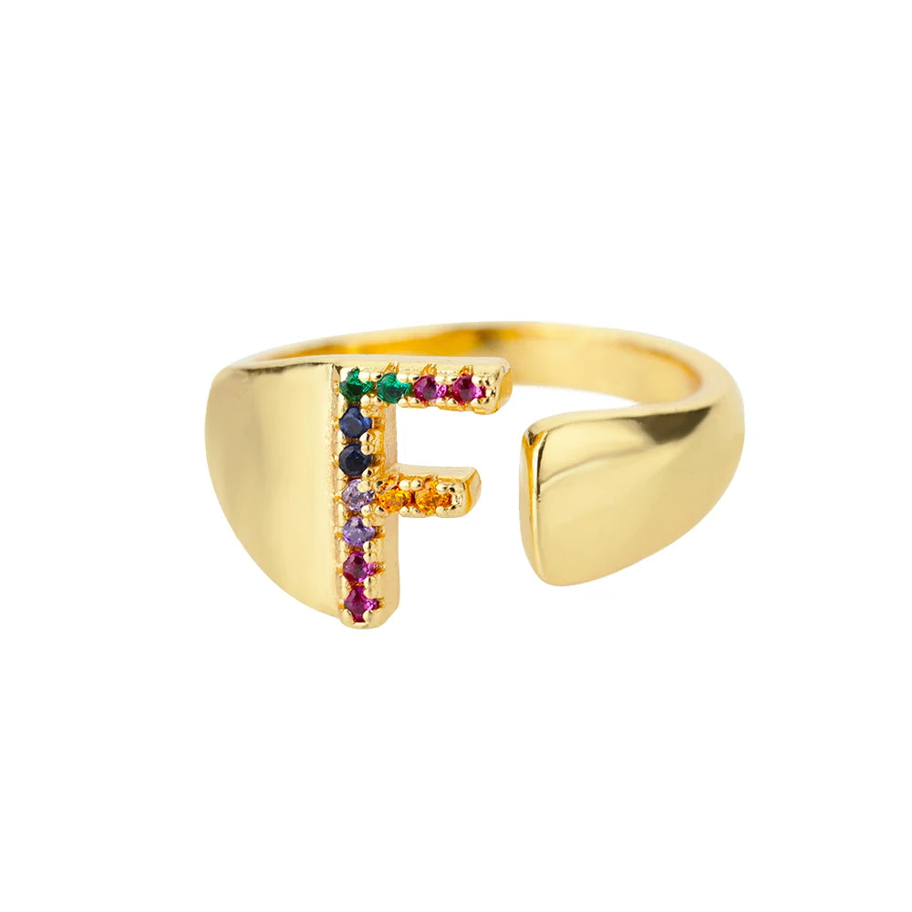 Rainbow Zircon Letter Rings For Women Fashion Chunky Wide Letter A-Z Stainless Steel Ring Wedding Boho Jewelry Gift