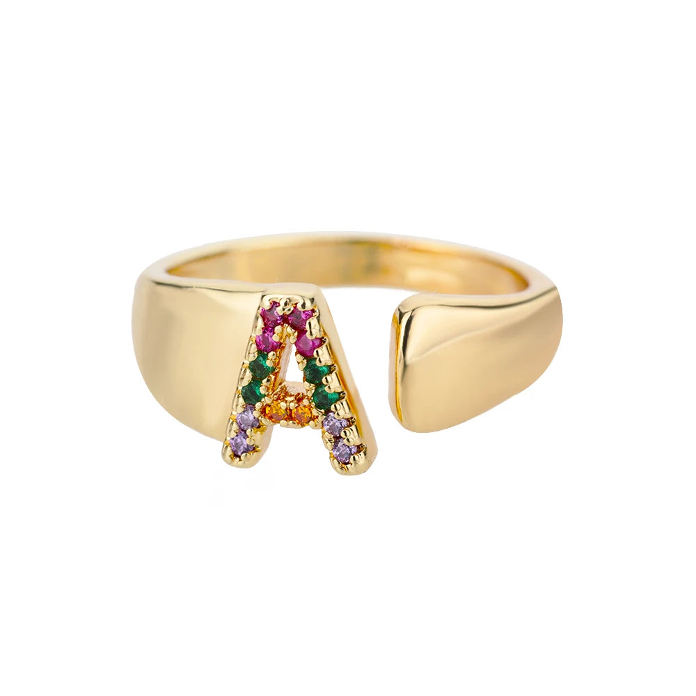 Rainbow Zircon Letter Rings For Women Fashion Chunky Wide Letter A-Z Stainless Steel Ring Wedding Boho Jewelry Gift