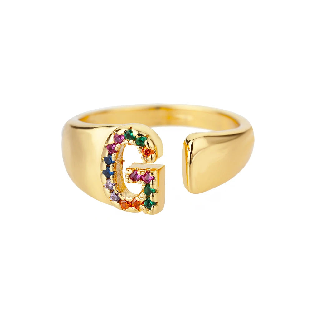 Rainbow Zircon Letter Rings For Women Fashion Chunky Wide Letter A-Z Stainless Steel Ring Wedding Boho Jewelry Gift