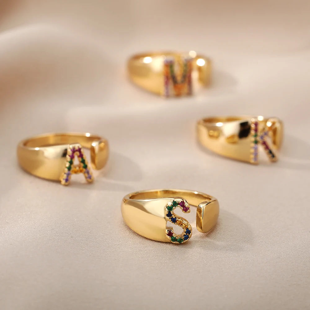 Rainbow Zircon Letter Rings For Women Fashion Chunky Wide Letter A-Z Stainless Steel Ring Wedding Boho Jewelry Gift