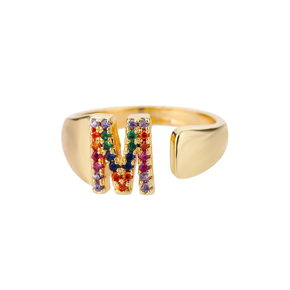 Rainbow Zircon Letter Rings For Women Fashion Chunky Wide Letter A-Z Stainless Steel Ring Wedding Boho Jewelry Gift