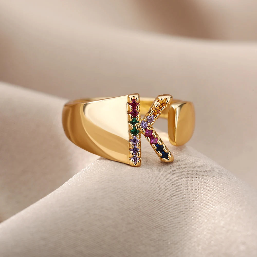 Rainbow Zircon Letter Rings For Women Fashion Chunky Wide Letter A-Z Stainless Steel Ring Wedding Boho Jewelry Gift