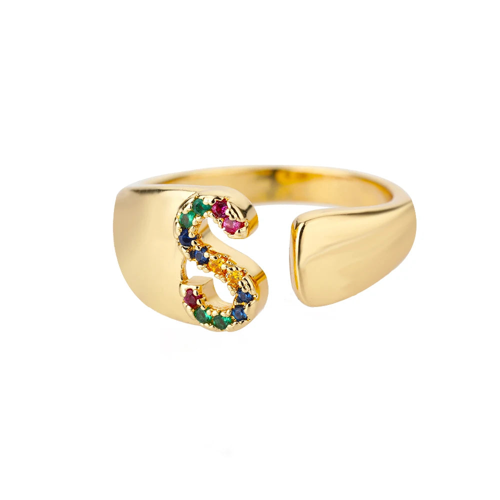 Rainbow Zircon Letter Rings For Women Fashion Chunky Wide Letter A-Z Stainless Steel Ring Wedding Boho Jewelry Gift