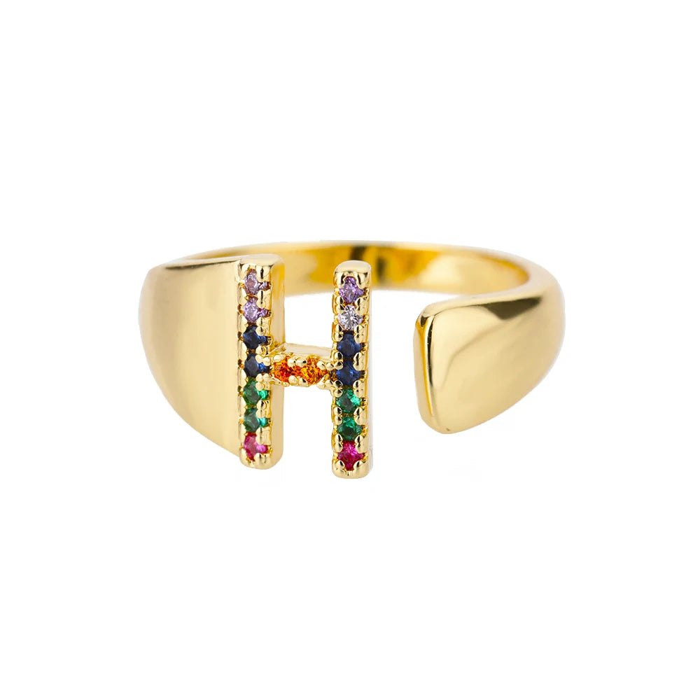 Rainbow Zircon Letter Rings For Women Fashion Chunky Wide Letter A-Z Stainless Steel Ring Wedding Boho Jewelry Gift