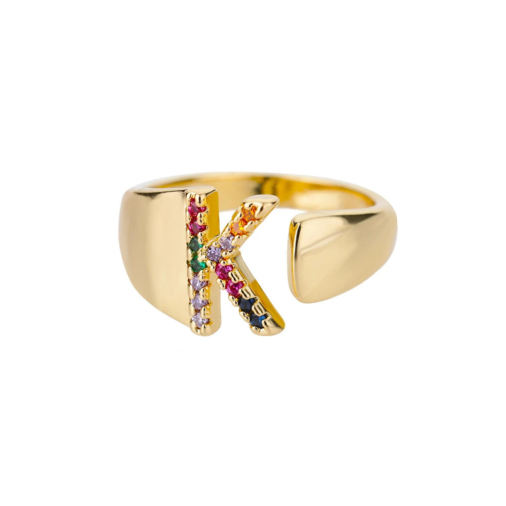 Rainbow Zircon Letter Rings For Women Fashion Chunky Wide Letter A-Z Stainless Steel Ring Wedding Boho Jewelry Gift
