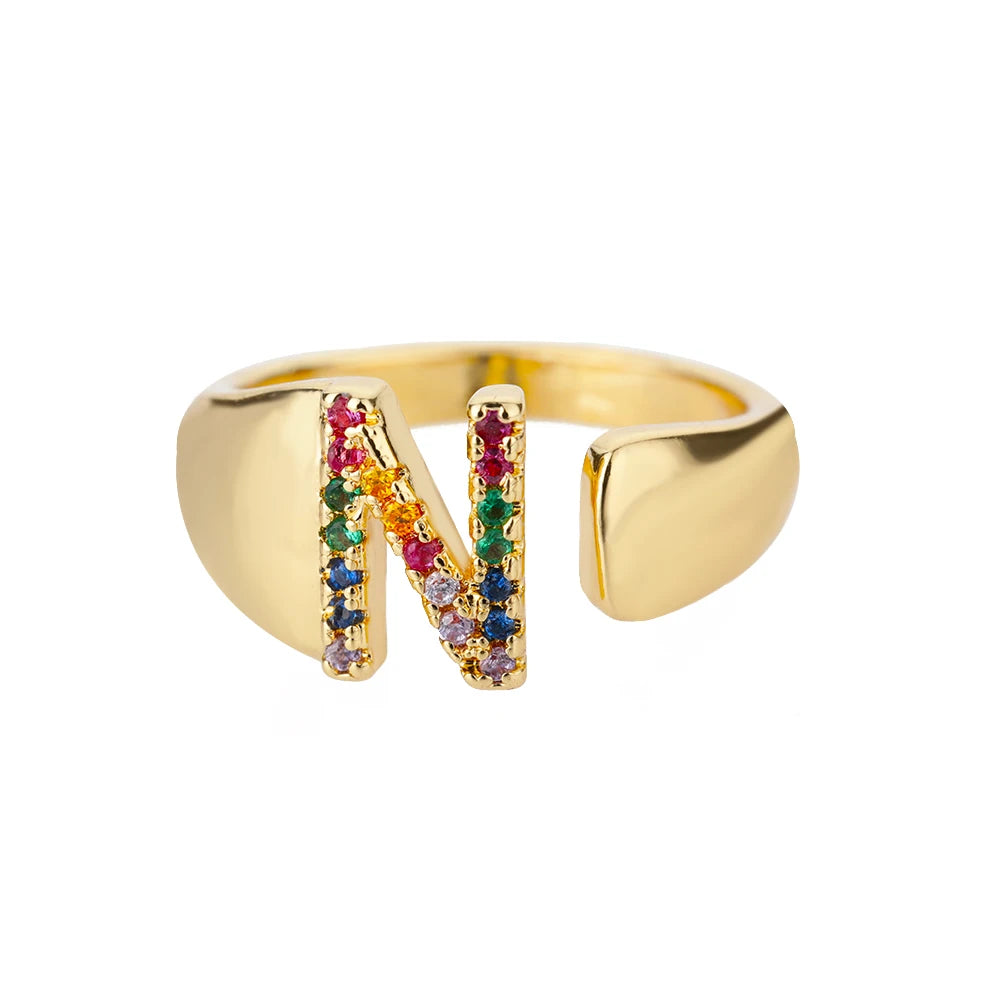 Rainbow Zircon Letter Rings For Women Fashion Chunky Wide Letter A-Z Stainless Steel Ring Wedding Boho Jewelry Gift