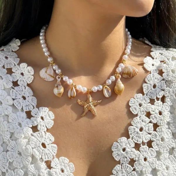 Parure Bohème Femme Étoile de Mer & Coquillages – Collier, Choker Perlé et Bracelet