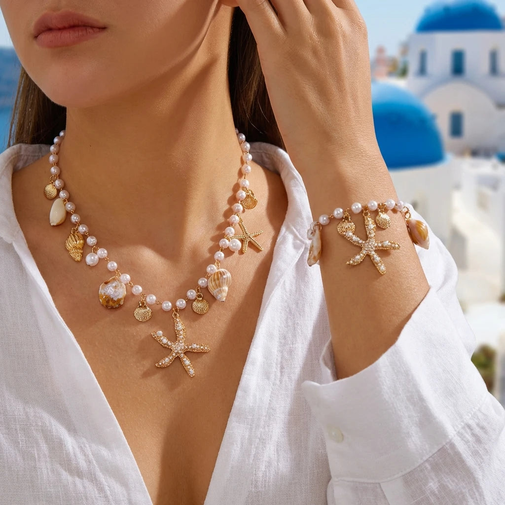 Parure Bohème Femme Étoile de Mer & Coquillages – Collier, Choker Perlé et Bracelet