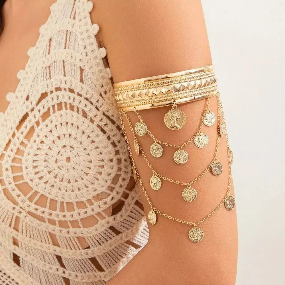 Bracelet de Bras Métallique à Pampilles pour Femme – Manchette Ajustable Ouverte Style Rétro Vintage