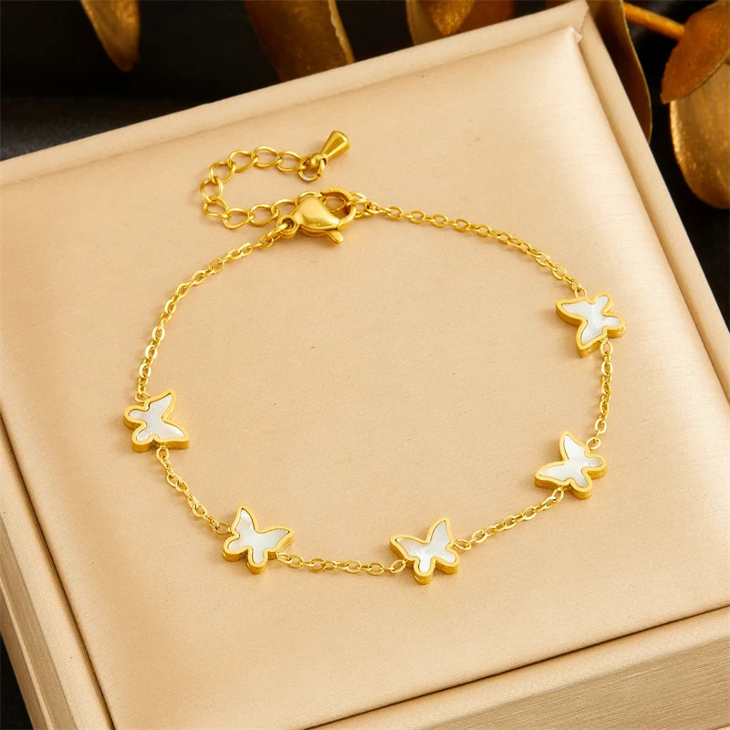 Parure de Bijoux Papillon en Acier Inoxydable 316L – Collier, Boucles d'Oreilles et Bracelet Coquillage Blanc