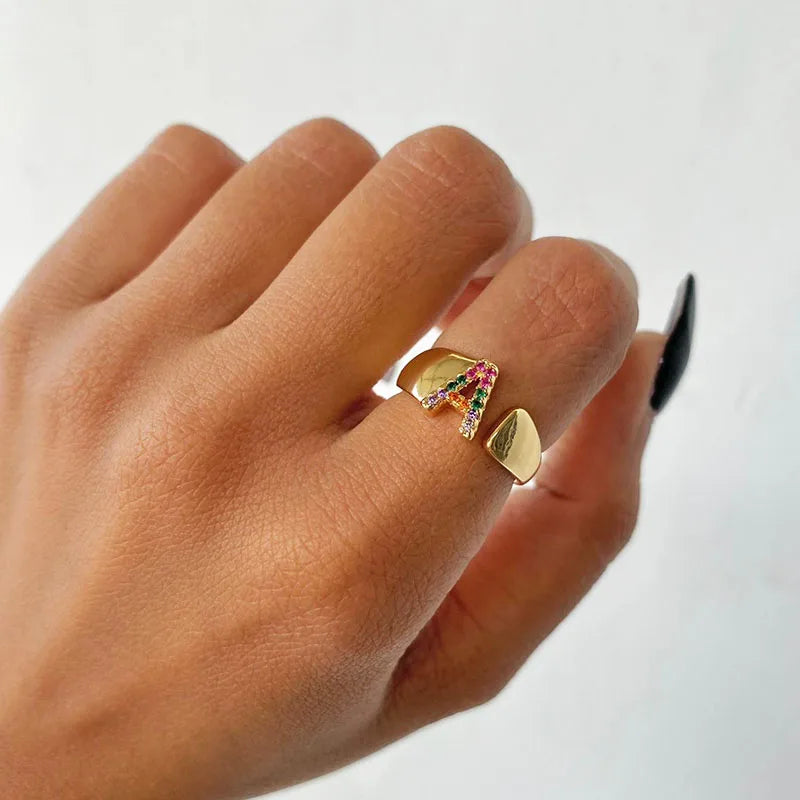 Rainbow Zircon Letter Rings For Women Fashion Chunky Wide Letter A-Z Stainless Steel Ring Wedding Boho Jewelry Gift