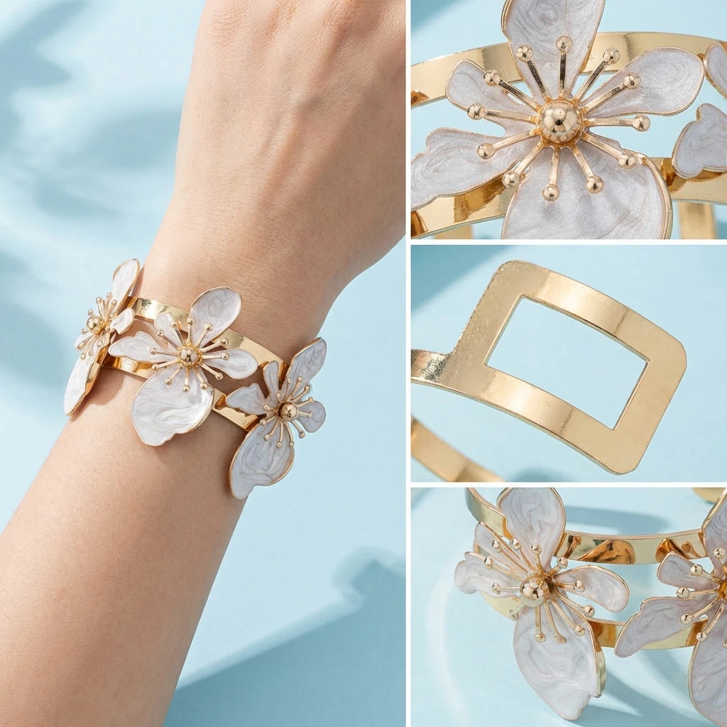 Bracelet Manchette Fleur Bohème Femme – Bijou Floral Ouvert Élégant, Style Chic pour Été et Mariage