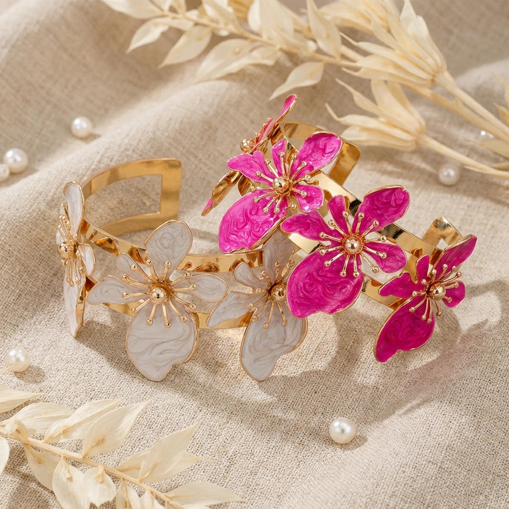 Bracelet Manchette Fleur Bohème Femme – Bijou Floral Ouvert Élégant, Style Chic pour Été et Mariage