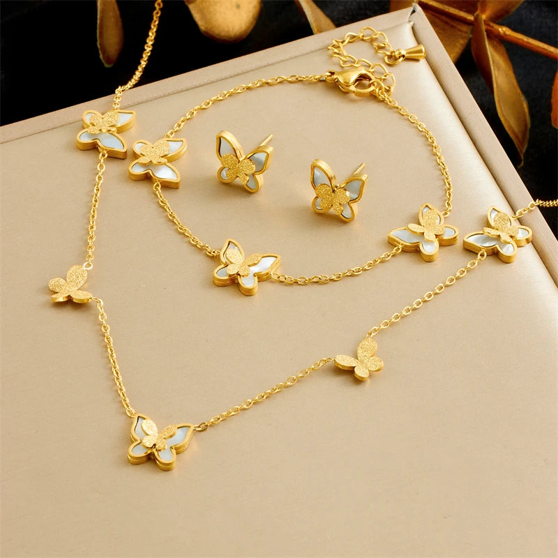 Parure de Bijoux Papillon en Acier Inoxydable 316L – Collier, Boucles d'Oreilles et Bracelet Coquillage Blanc