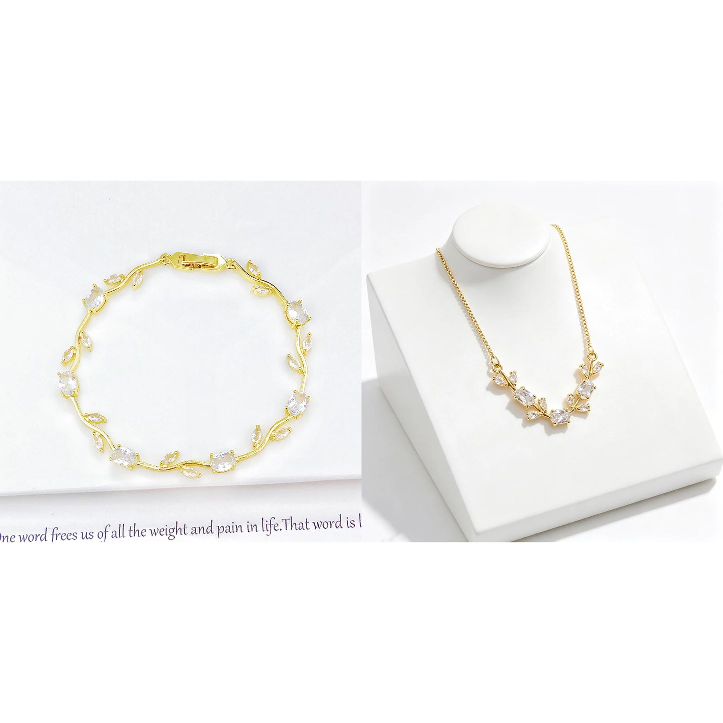 Parure de Bijoux Femme Luxe – Collier et Bracelet en Cristaux Strass, Motif Feuille et Fleur, Cadeau Élégant