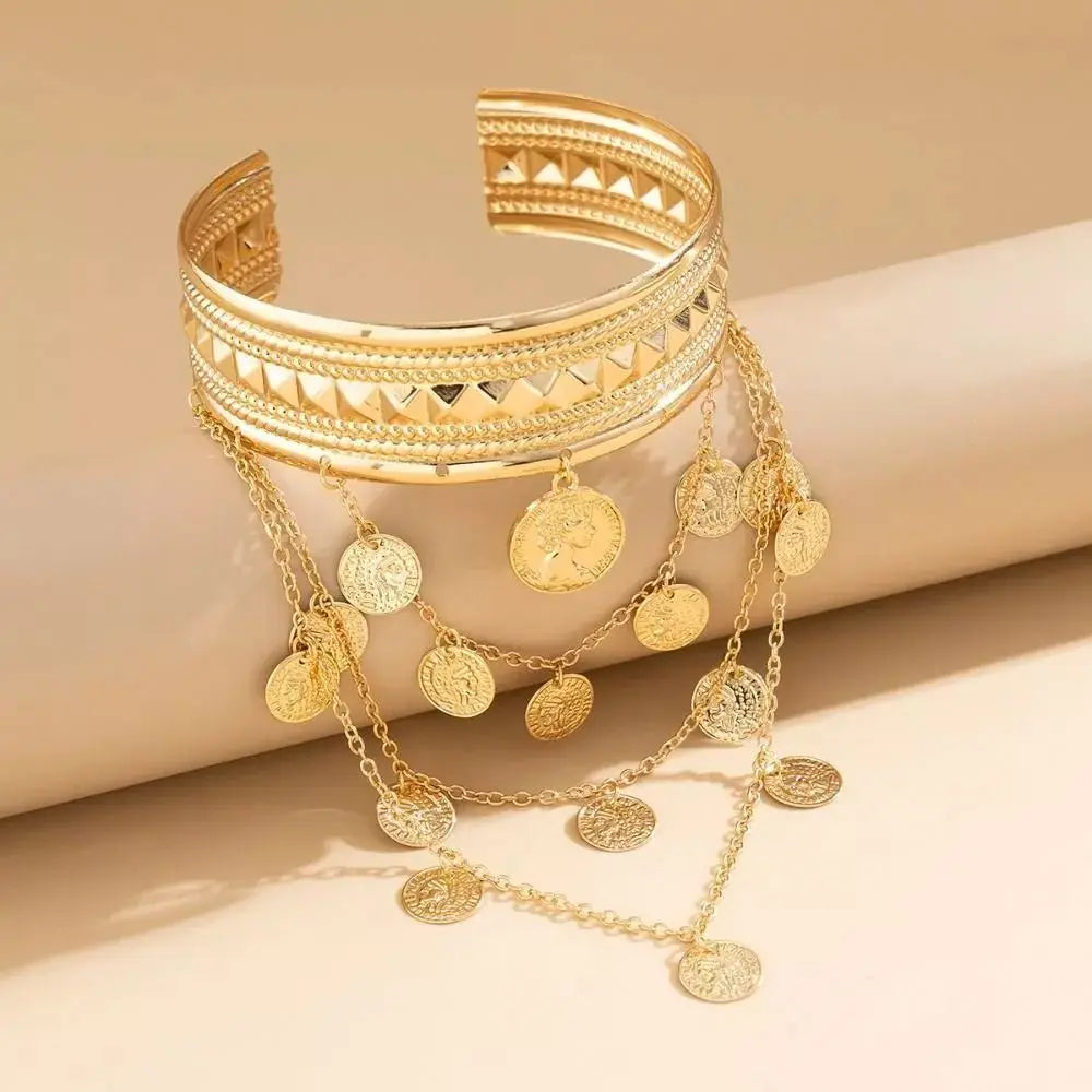 Bracelet de Bras Métallique à Pampilles pour Femme – Manchette Ajustable Ouverte Style Rétro Vintage