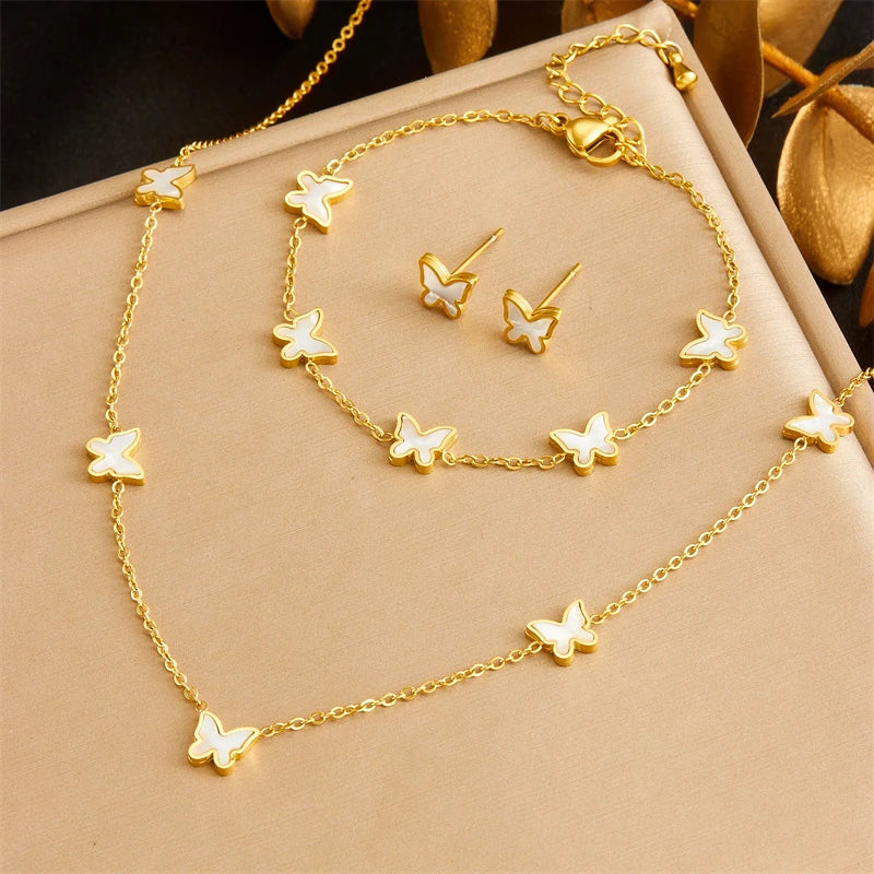 Parure de Bijoux Papillon en Acier Inoxydable 316L – Collier, Boucles d'Oreilles et Bracelet Coquillage Blanc