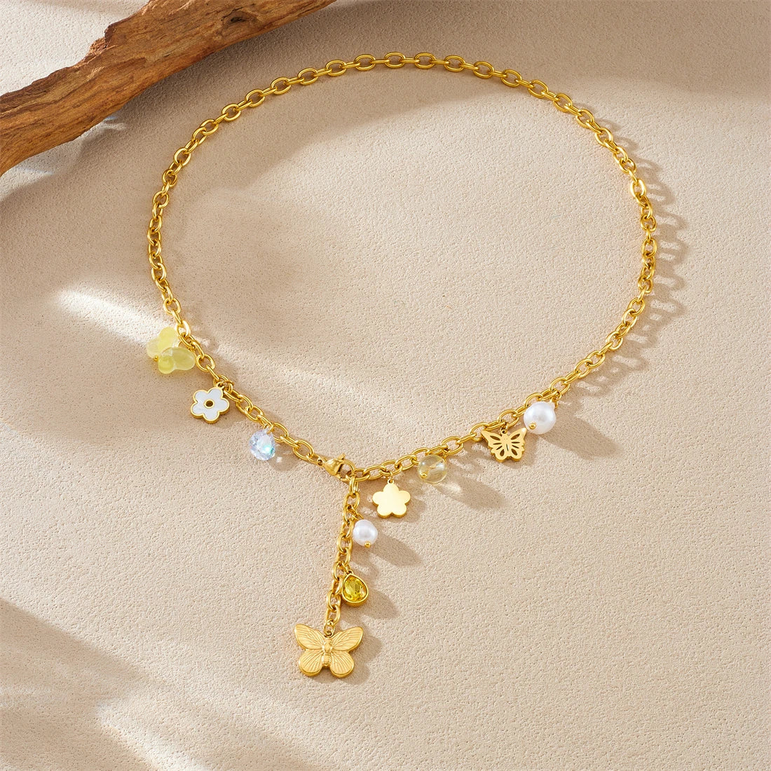 Collier Papillon Fleur Femme en Acier Inoxydable 316L – Zircon Goutte Jaune, Pampilles Élégantes & Résistant à l'Eau