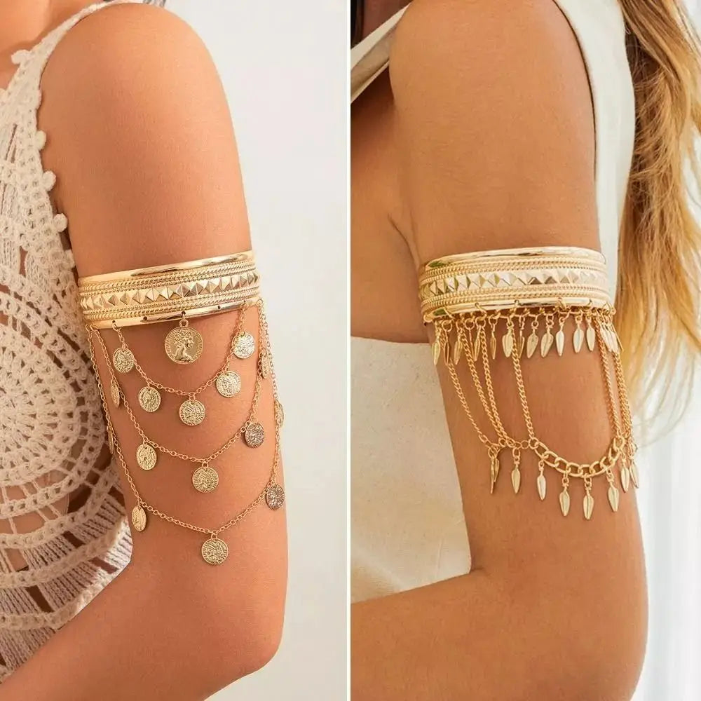 Bracelet de Bras Métallique à Pampilles pour Femme – Manchette Ajustable Ouverte Style Rétro Vintage