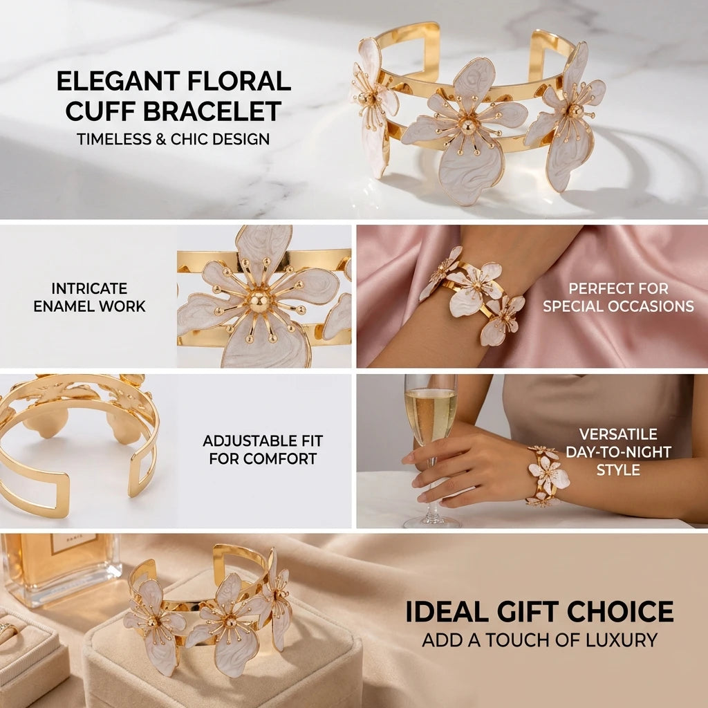 Bracelet Manchette Fleur Bohème Femme – Bijou Floral Ouvert Élégant, Style Chic pour Été et Mariage