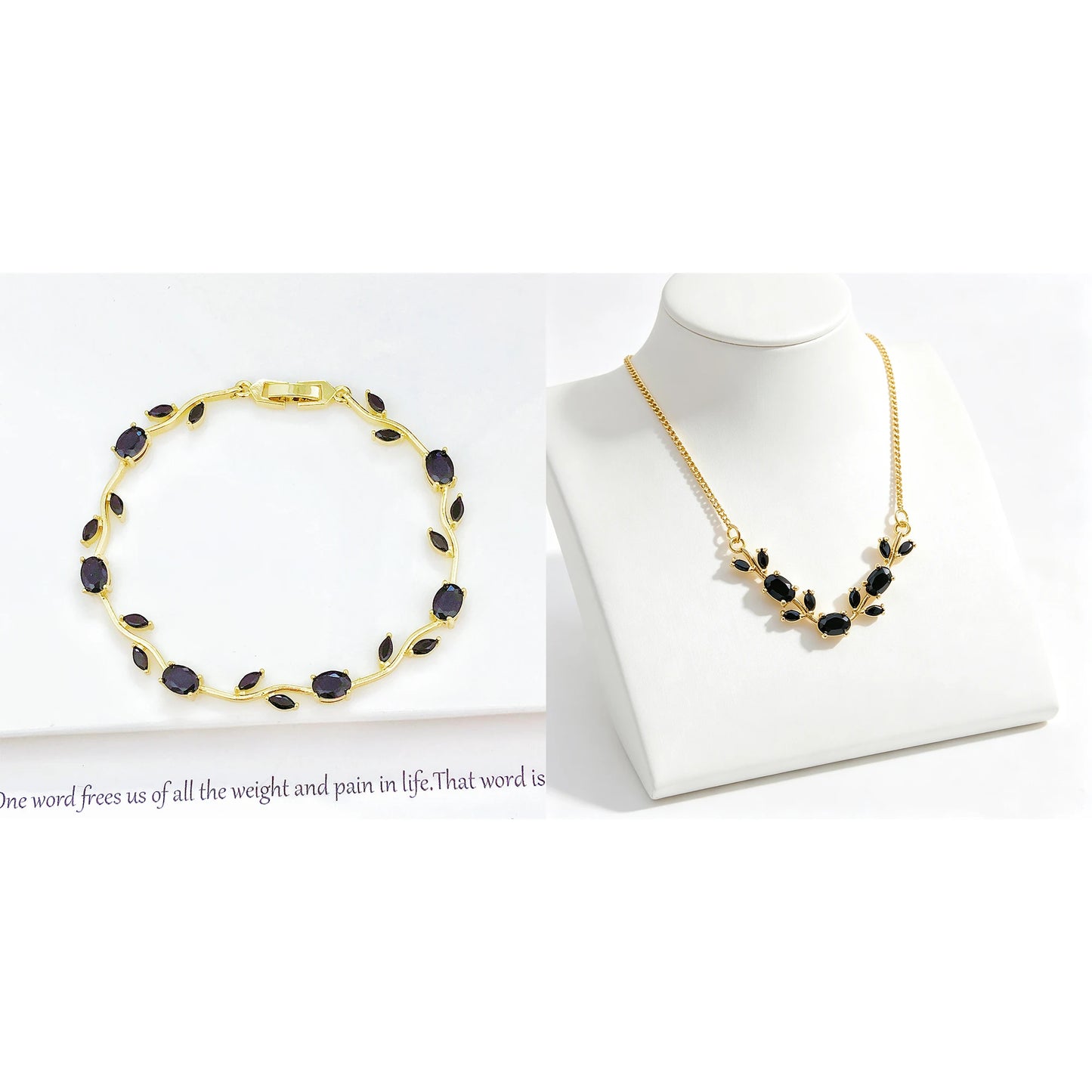 Parure de Bijoux Femme Luxe – Collier et Bracelet en Cristaux Strass, Motif Feuille et Fleur, Cadeau Élégant