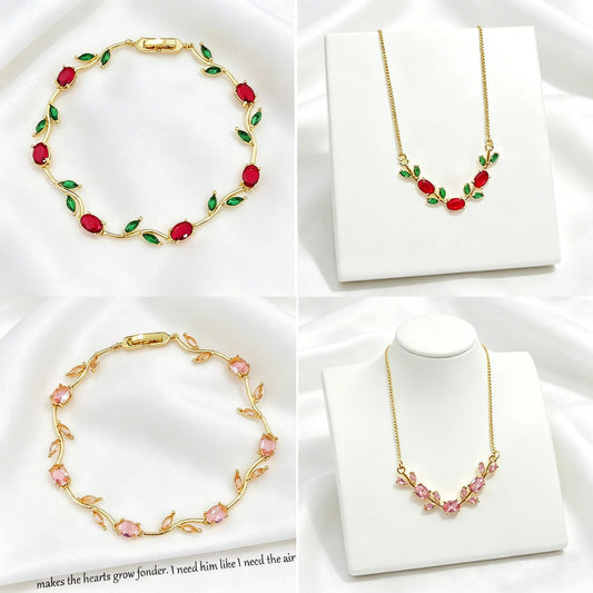 Women's Luxury Jewelry Set - Crystal Rhinestone Necklace and Bracelet, Leaf and Flower Design, Elegant Gift