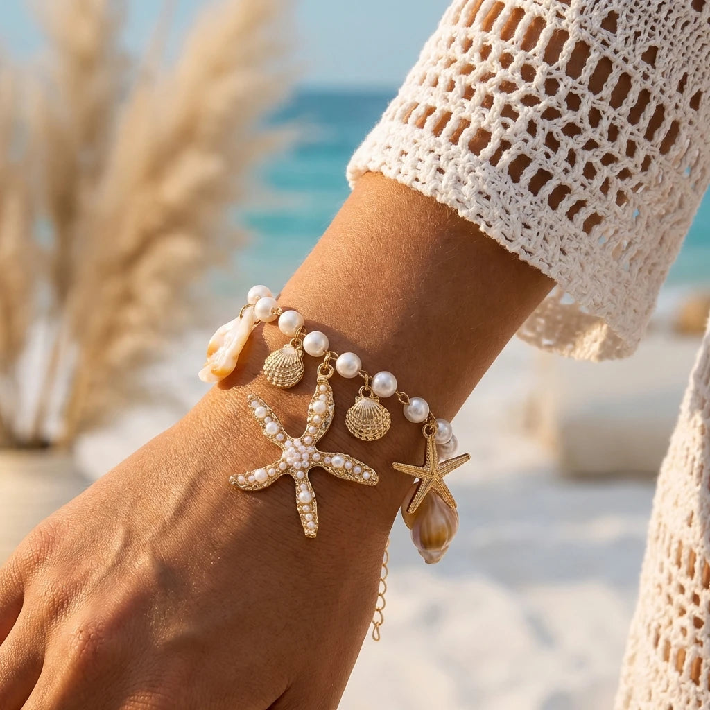 Parure Bohème Femme Étoile de Mer & Coquillages – Collier, Choker Perlé et Bracelet