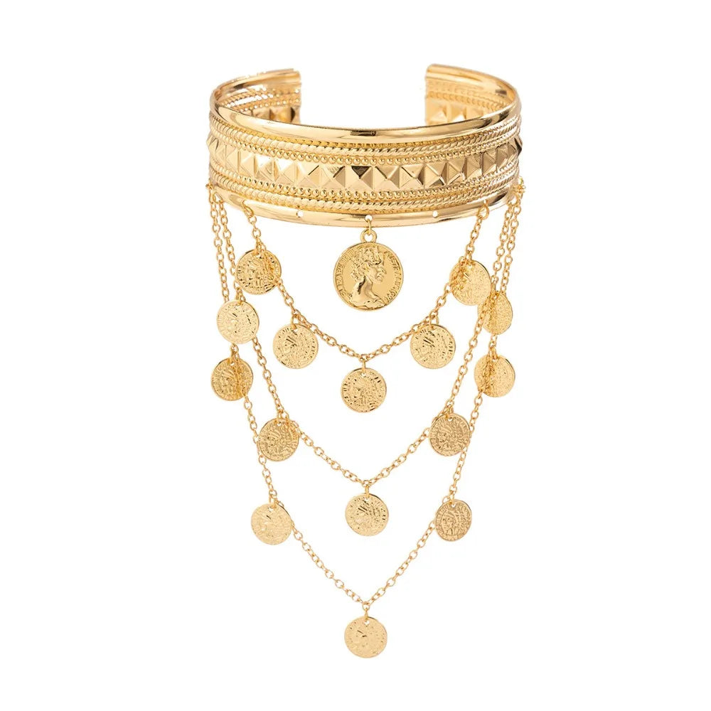 Bracelet de Bras Métallique à Pampilles pour Femme – Manchette Ajustable Ouverte Style Rétro Vintage