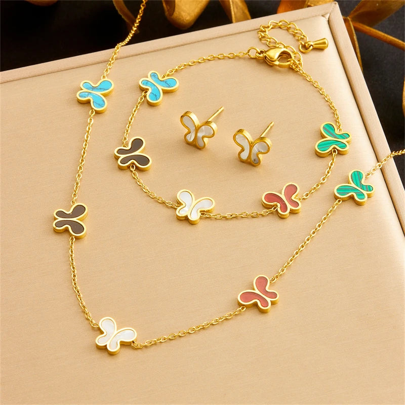 Parure de Bijoux Papillon en Acier Inoxydable 316L – Collier, Boucles d'Oreilles et Bracelet Coquillage Blanc