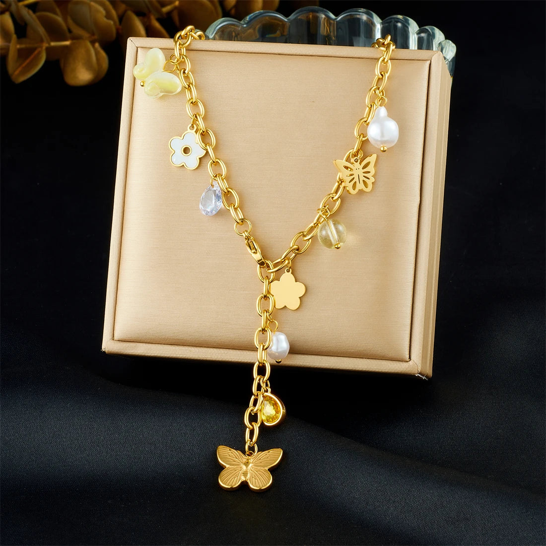 Collier Papillon Fleur Femme en Acier Inoxydable 316L – Zircon Goutte Jaune, Pampilles Élégantes & Résistant à l'Eau