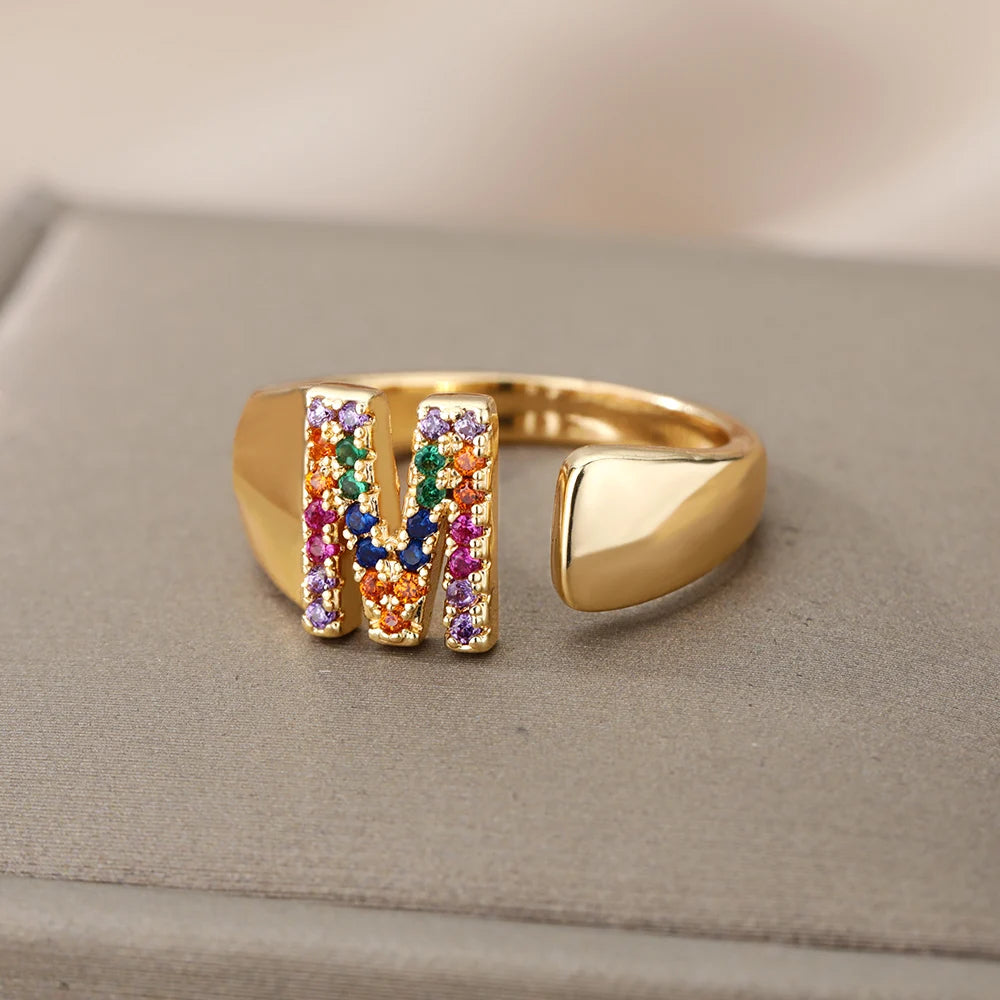 Rainbow Zircon Letter Rings For Women Fashion Chunky Wide Letter A-Z Stainless Steel Ring Wedding Boho Jewelry Gift