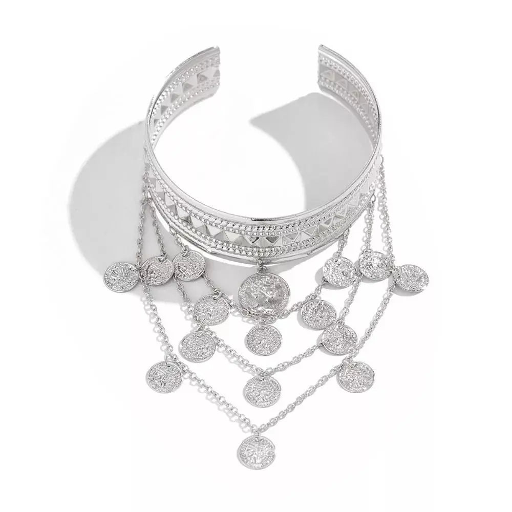 Bracelet de Bras Métallique à Pampilles pour Femme – Manchette Ajustable Ouverte Style Rétro Vintage