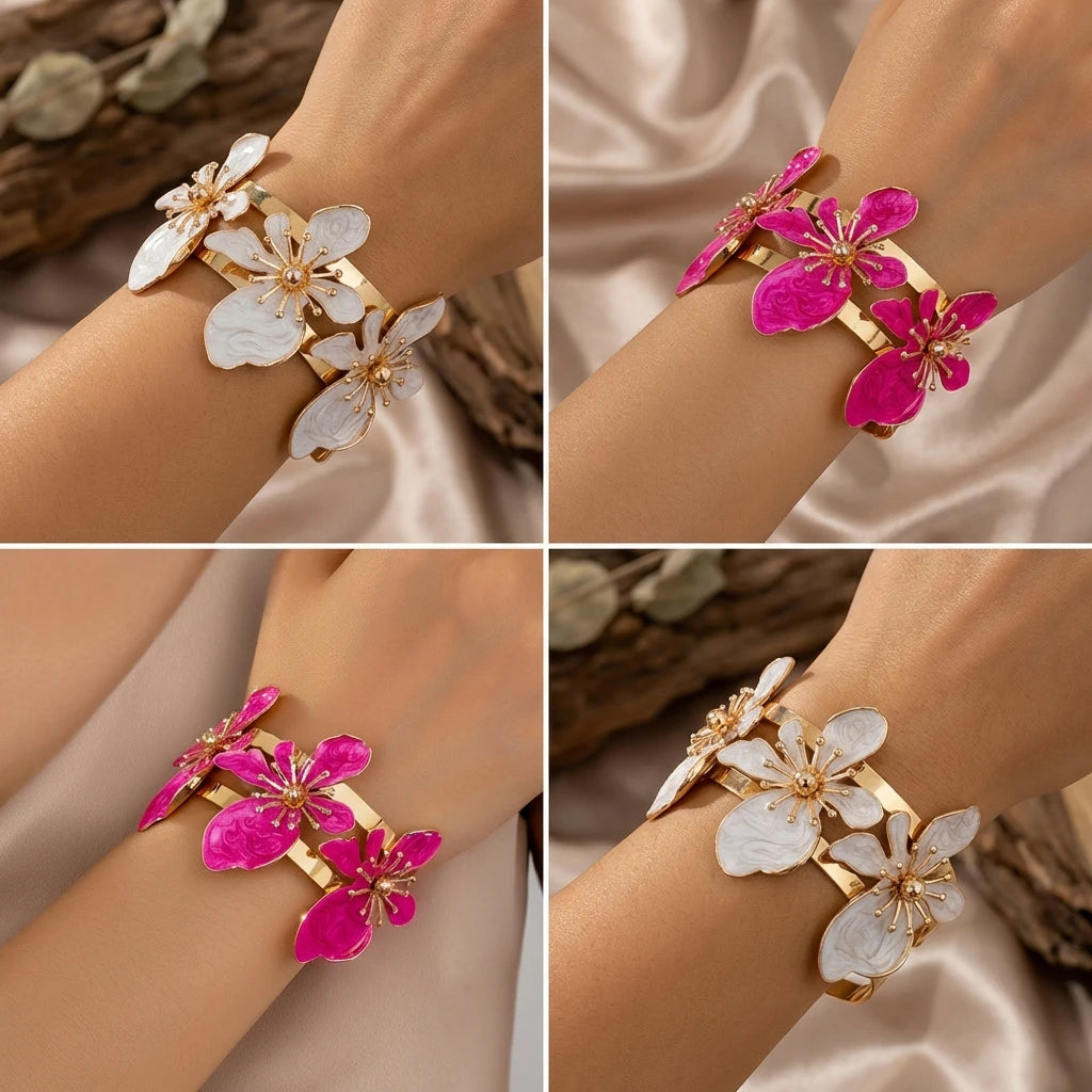 Bracelet Manchette Fleur Bohème Femme – Bijou Floral Ouvert Élégant, Style Chic pour Été et Mariage