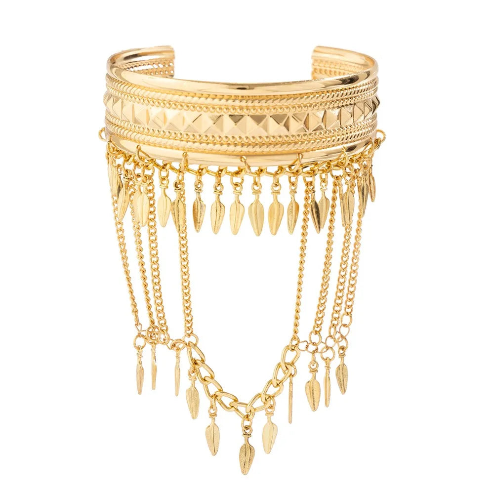 Bracelet de Bras Métallique à Pampilles pour Femme – Manchette Ajustable Ouverte Style Rétro Vintage