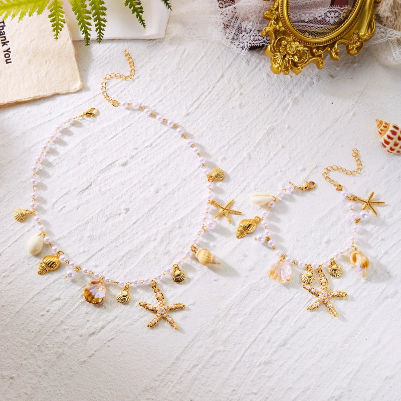 Parure Bohème Femme Étoile de Mer & Coquillages – Collier, Choker Perlé et Bracelet